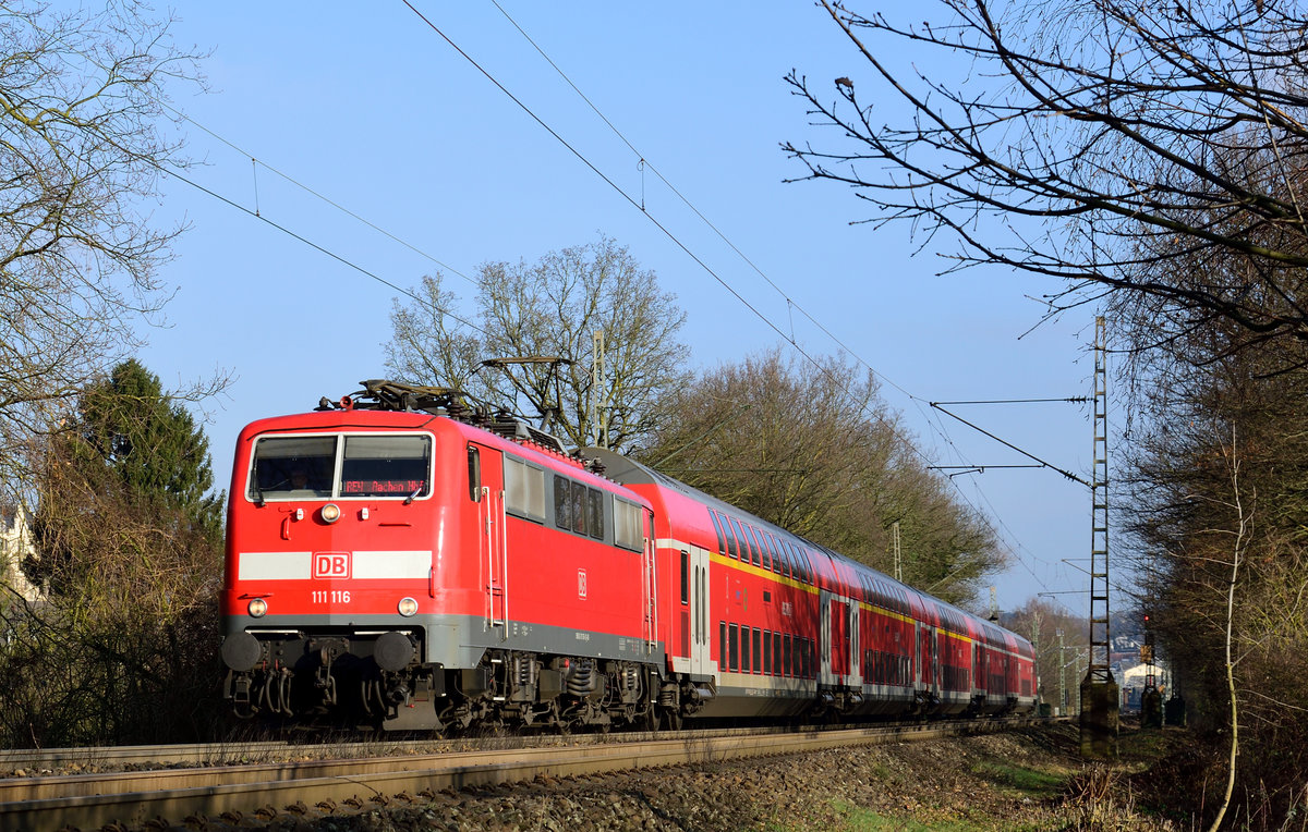 RE4 Wupper Express mit Zuglok 111 116, am 27.1.2018 auf der Rampe von Herzogenrath nach Aachen Km 15, KBS 485