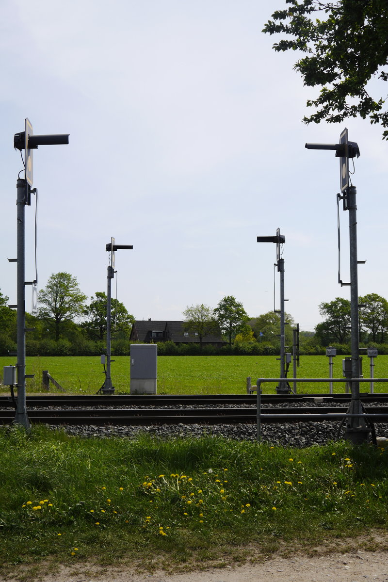 Reden die miteinander? BÜ-Signale zwischen Hasloh und Bönningstedt an der KBS 137, der Stammstrecke der AKN. ASufnahme vom 11.5.16.