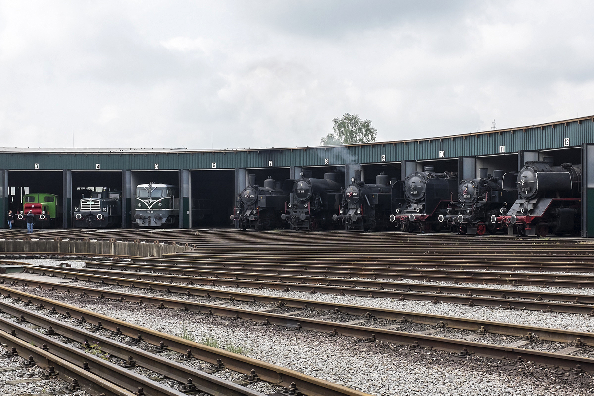 Ringlokschuppen des Eisenbahn- und Bergbaumuseums Ampflwang am 24.05.2015. Bei der Lokparade präsentieren sich von links nach rechts (Standnummern in Klammern):
Kleindiesellok der Jenbach-Werke (3), 2062.38 (4), 2050.05 (5), 93.1455 (7), 78 618 (8), 392.2530 (9), 44 661 (10), 86.501 (11) und 50 3519 (12)

