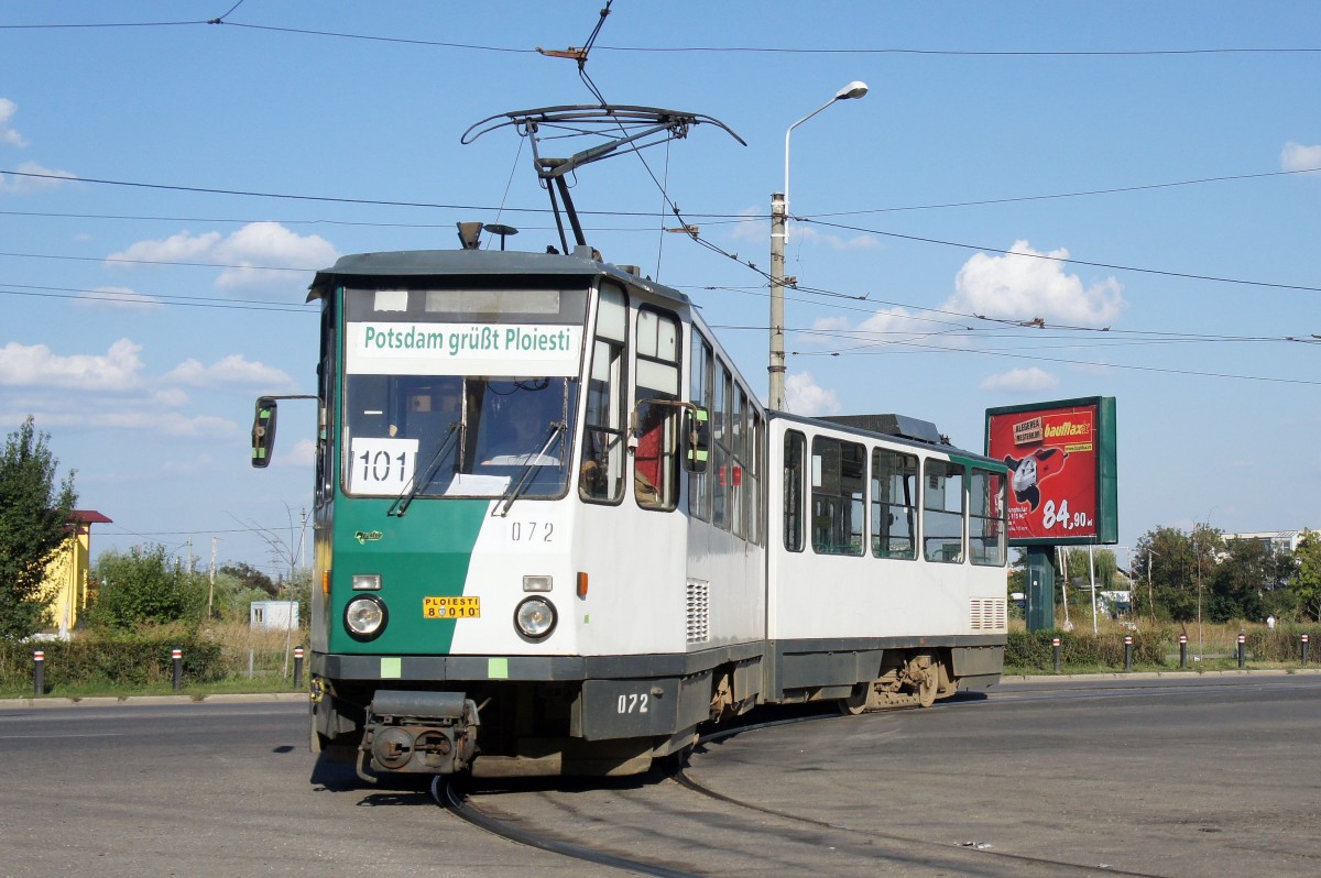 Rumänien / Straßenbahn Ploiesti: KT4D- Wagen 072 (ehemals Potsdam) als Linie 101 in der Wendeschleife am Kreiskrankenhaus. Aufgenommen Anfang September 2013.