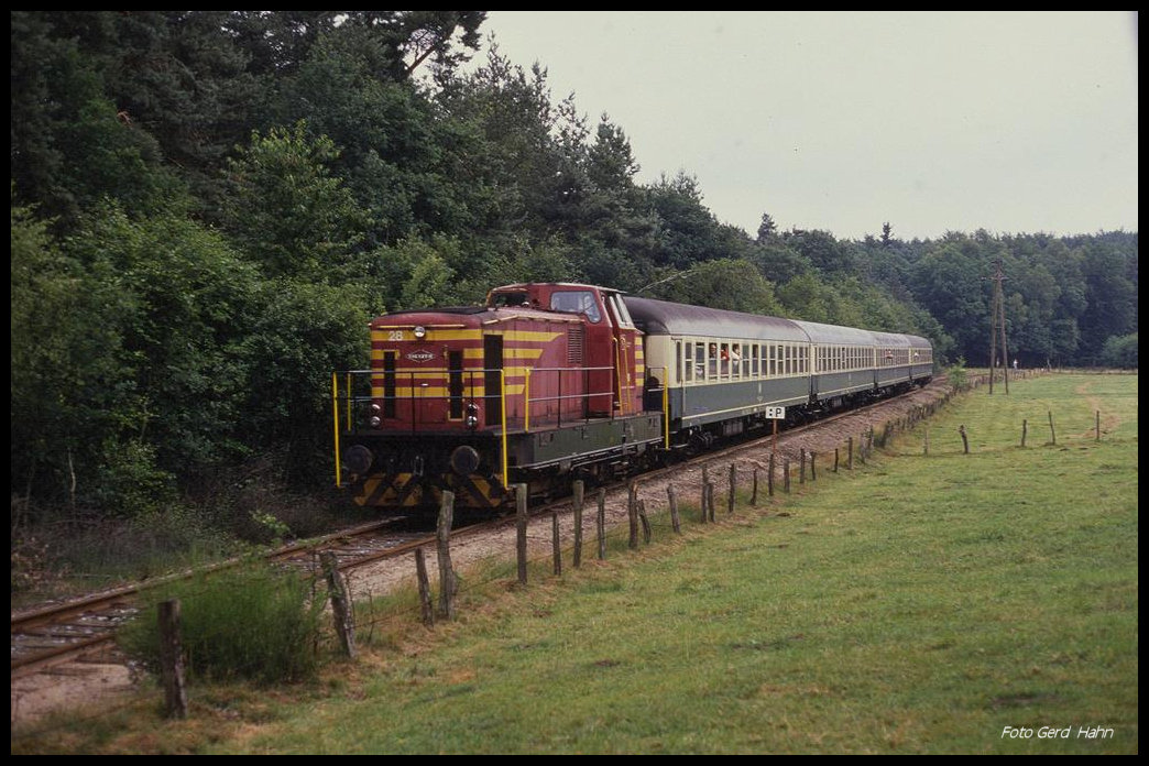 RVM Lok 28 mit einem Sonderzug Richtung Rheine auf der Tecklenburger Nordbahn in Lotte-Halen am 2.7.1989.