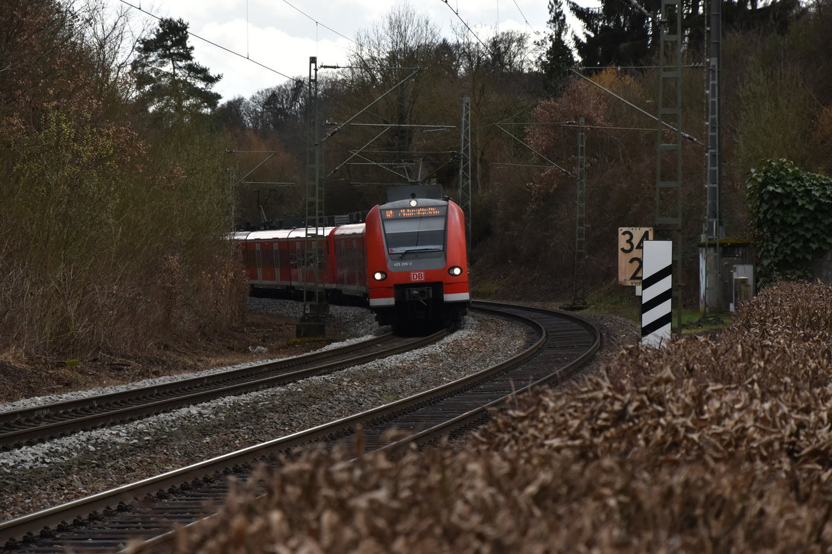 S-Bahnzug S1/S2 geführt vom 425 205-2 bei der Einfahrt in Neckargerach am Freitag den 8.3.2019