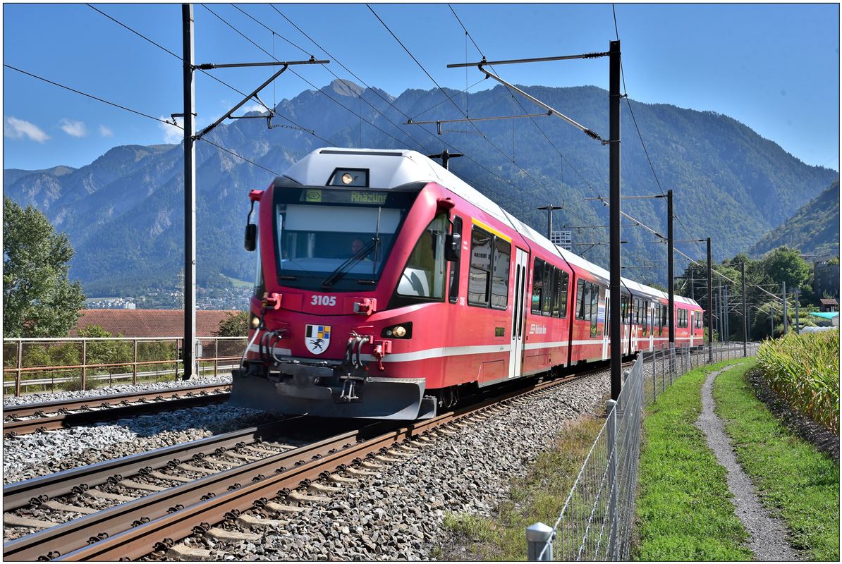 S1 1512 nach Rhäzüns mit ABe 4/16 3105 zwischen Chur Est und Felsberg. (08.06.2018)