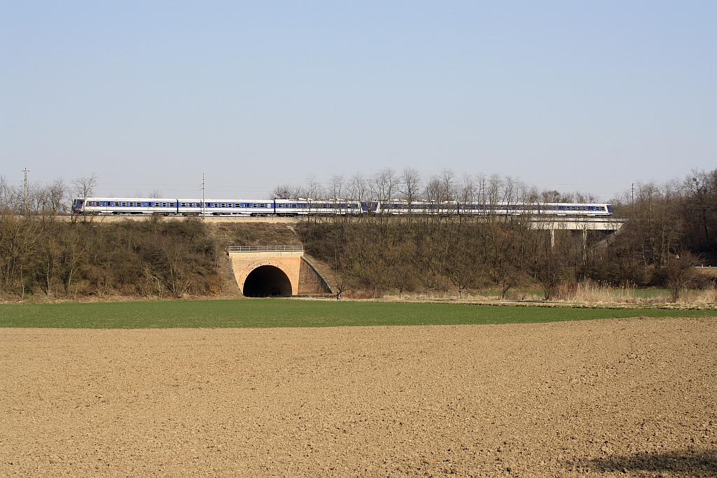 S2 Zug 29601 von Mistelbach nach Meidling, bestehend aus 2x 4020 am 19.März 2015 bei Niederkreuzstetten.