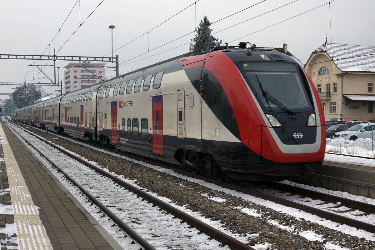 SBB: Bombardier  Twindexxdoppeltraktion  auf Testfahrt in Grenchen am 24. Januar 2017.
Foto: Walter Ruetsch