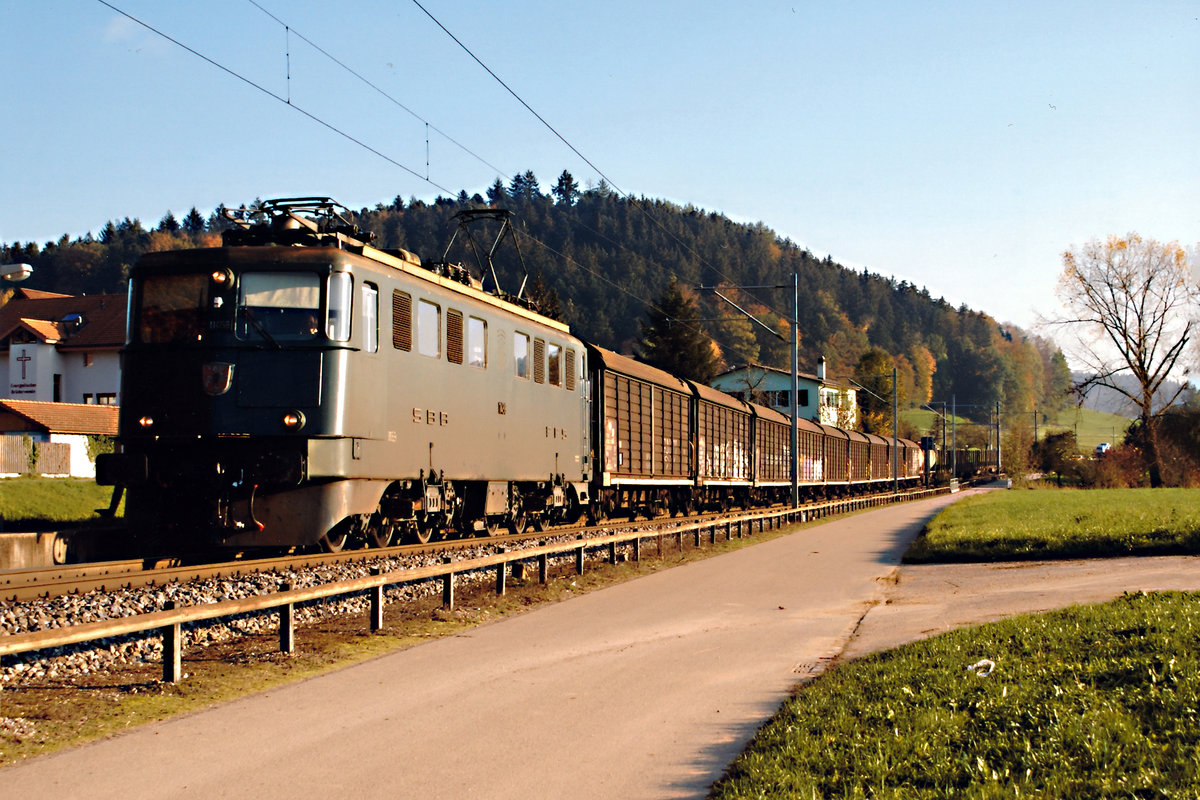 SBB: Eine Aufnahme der Vergangenheit.
Güterzug mit einer Ae 6/6 bei Gutenburg auf der Fahrt in Richtung Langenthal am 30. Oktober 2004. Auch mit dem grünen Anstrich machten die schönen und starken Loks, die während vielen Jahren das Bild der SBB prägten, eine gute Figur.
Foto: Walter Ruetsch