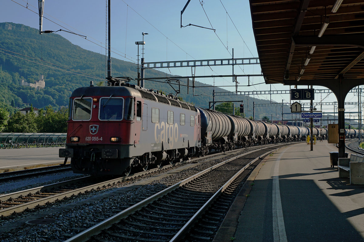 SBB: Grosser Bahnhof Oensingen.
Am frühen Morgen des 18. Juli 2017 brachte die Re 620 055-4 Cossonay den Ölzug ab Antwerpen nach Oensingen.
Die flotte Einfahrt mit Schloss Neu Bechburg Oensingen im Hintergrund konnte an diesem schönen Morgen nur im Gegenlicht fotografiert werden.
Foto: Walter Ruetsch