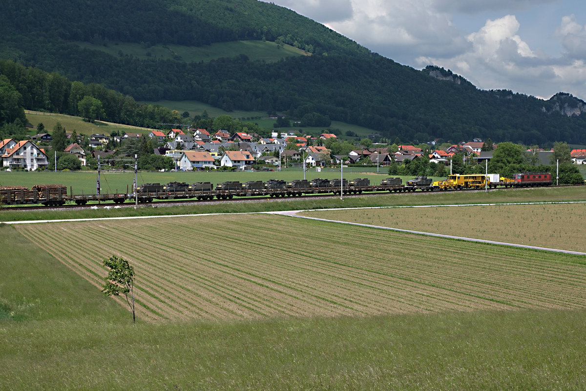 SBB: Güterzug mit der Re 6/6 11652 Kerzers in der Landschaft bei Niederbipp am 22. Mai 2018.
Gemäss eines Panzerspezialisten eher selten ist der Transport von 11 Schützenpanzer m113 sowie eines Schützenpanzers 2000 mit einem gemischten Güterzug
Foto: Walter Ruetsch
