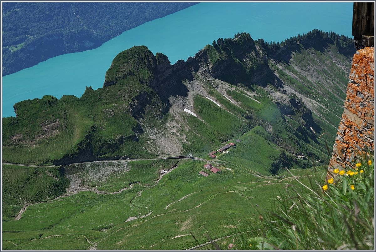 Schon vor 125 Jahren wusste man, was schön ist, ansonsten hätte man wohl kaum Geld in den Bau der Brienz Rothorn Bahn gesteckt.
Blick von der Gipfelstation zur Kreuzungstelle Oberstaffel.
7. Juli 2016   