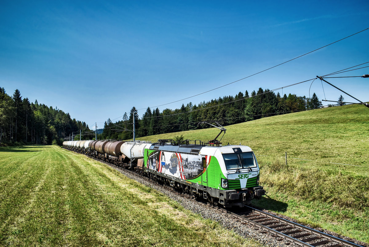 SETG 193 219-3 „Stille Nacht“, fährt mit einem Kesselwagenzug, auf der Fahrt nach Jesenice, bei Schlatten, nahe Rosenbach vorüber.
Aufgenommen am 28.8.2018.