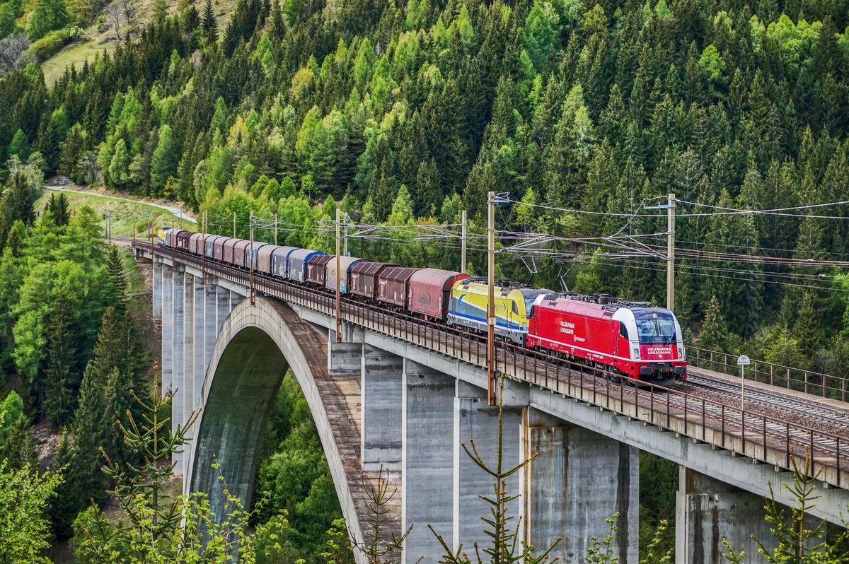 SLB 1216 940-7 und CargoServ 1216 900-8 überqueren mit einem Güterzug die Pfaffenberg-Zwenberg-Brücke bei Penk.
Schublok war 1216 933 von CargoServ.
Aufgenommen am 7.5.2017.