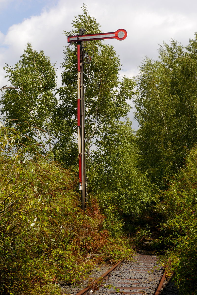 Spurensuche im ehemaligen Bahnhof Wülfrath am 14.8.18 (Niederbergische Bahn/Angertalbaghn, KBS 228h) I: Formhauptsignal.