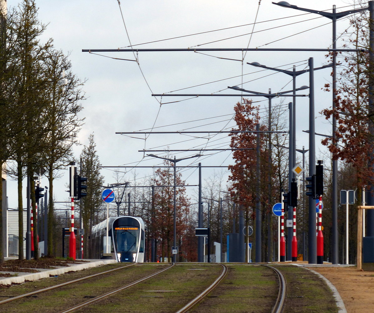 Steigungen und Kurven findet man auf der neuen Luxemburger Straßenbahnstrecke im Dezember 2017 eigentlich noch nicht. Oder nur, wenn man genau hinschaut. 28.12.2017, zwische Philharmonie und Euroaparlament in Luxemburg Kirchberg