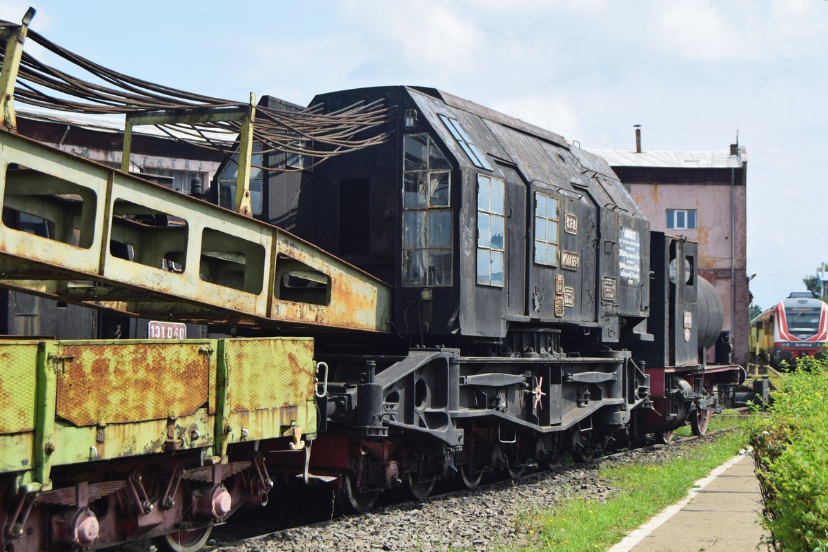 Steuerwagen des im Bahnmuseum Sibiu ausgestelten Krans. Aufnahme vom 29.07.2018.
