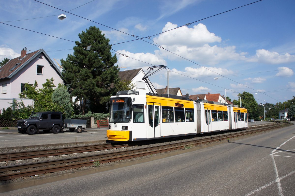 Straßenbahn Mainz: Adtranz GT6M-ZR der MVG Mainz - Wagen 204, aufgenommen im August 2016 in Mainz-Gonsenheim.