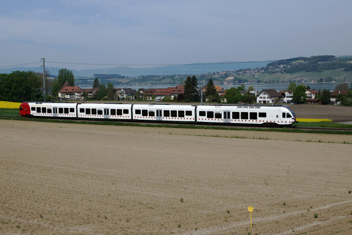 TPF: Regionalzug Murten-Neuenburg mit einem RABe 527  FLIRT  bei Murten am 7. Mai 2016.
Foto: Walter Ruetsch