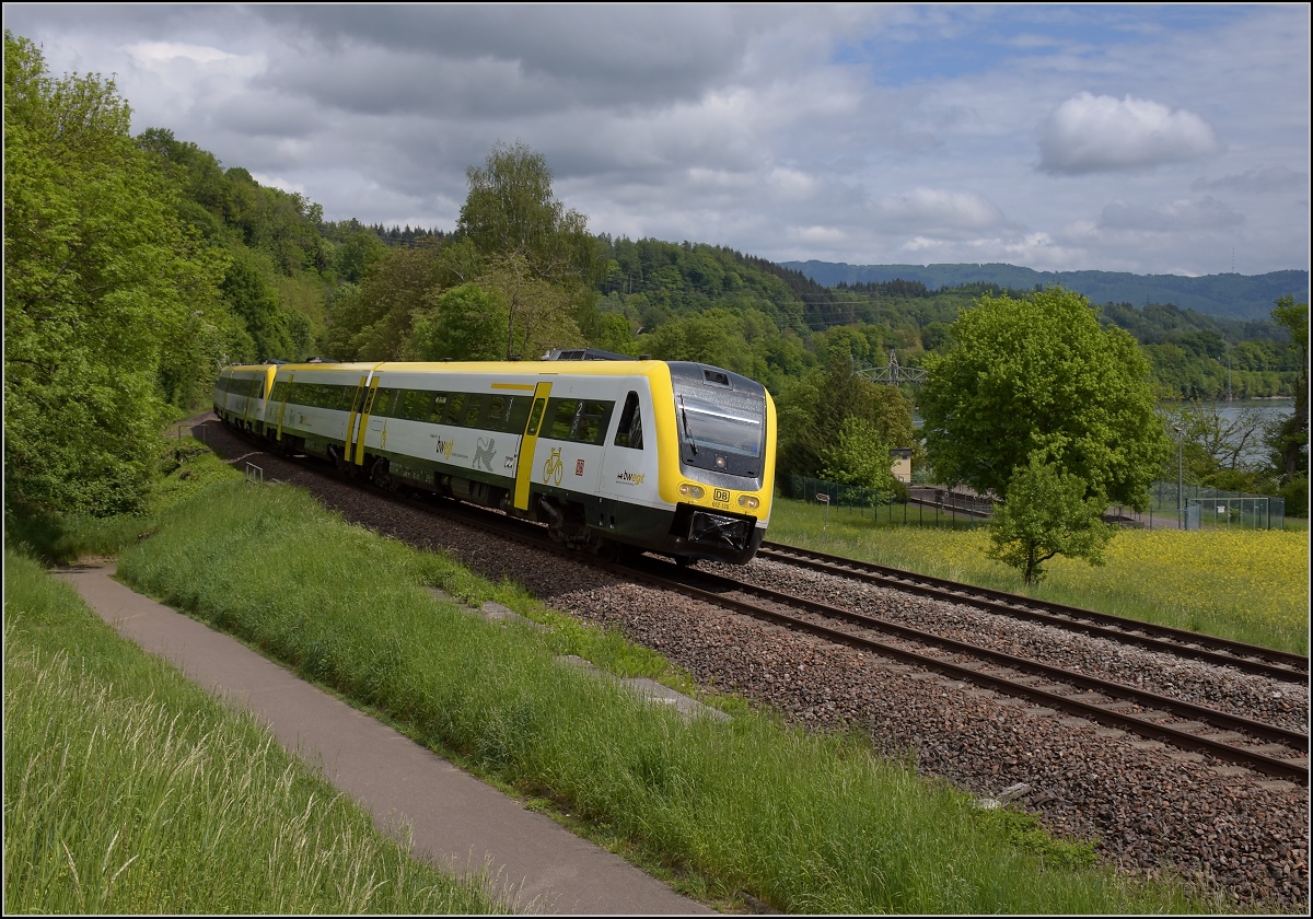 Traktionswandel am Hochrhein, 612 136 und 612 112 im BW-Design bei Beuggen zwischen den nahegelegenen Kraftwerken Schwörstadt und Rheinfelden. Mai 2018. 