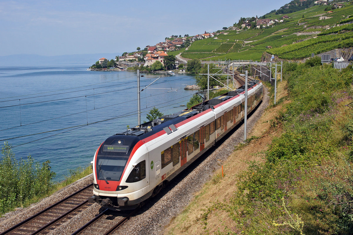 Triebwagen 523 092 am 08.07.2017 als S3 (Allaman-Villeneuve)
zwischen Rivaz und St. Sapharin am Genfer See.