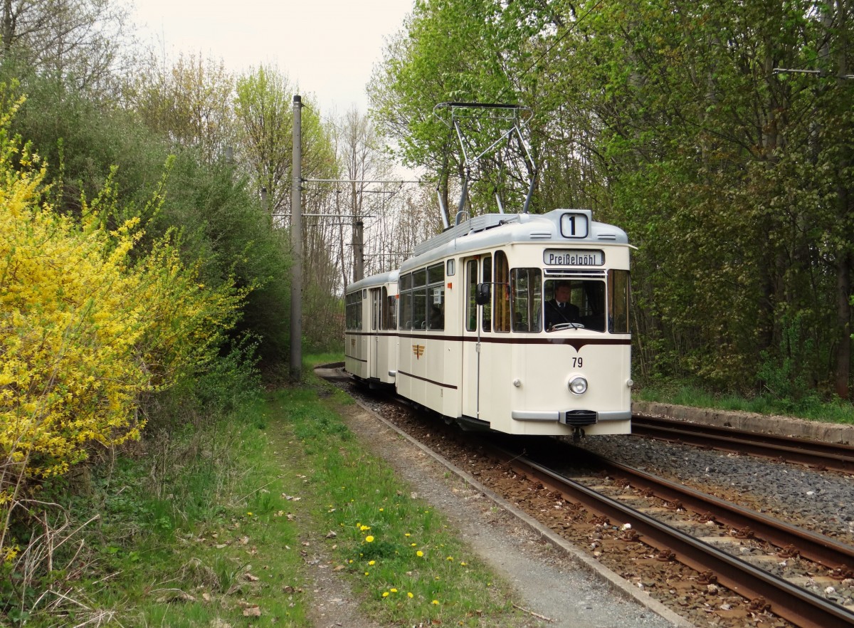 Triebwagen Nr. 79 der Plauener Straßenbahn fuhr am 03.05.15 durch Plauen. Hier zu sehen an der Endhaltestelle Waldfrieden.