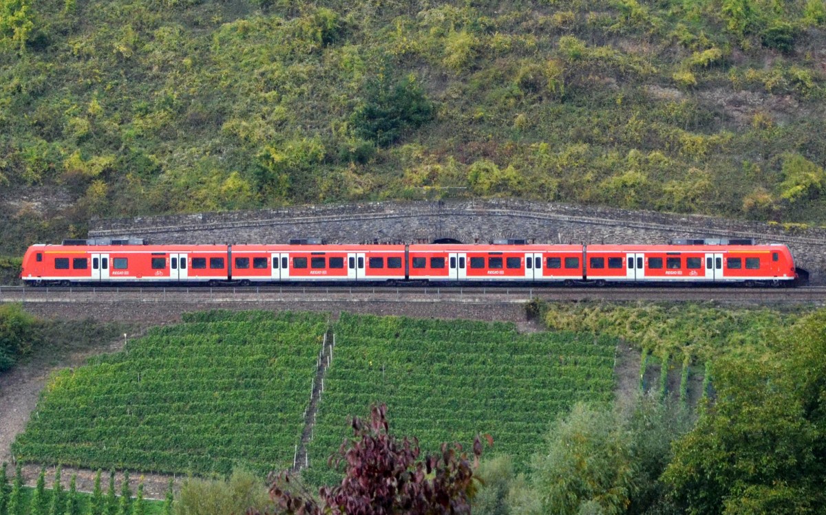 Triebzug  BR 425 043-7 der DB Regio  auf der Kanonenbahn-Strecke an der Mosel bei Pnderich am 09.10.2013. „Kanonenbahn“ ist keine offizielle Bezeichnung. Sie hat sich im Volksmund eingebrgert und im Moselgebiet einen Kanonenbahnwanderweg