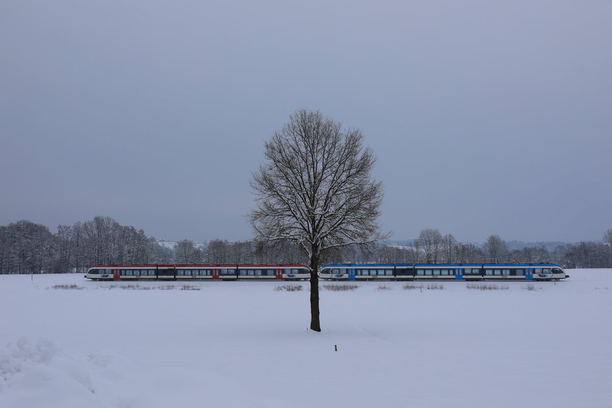 Und trotzdem geht's zügig dahin . Der starke Schnee brachte nahezu keine Verzögerungen im Bahnverkehr. 
23.02.2018 bei Bergla

