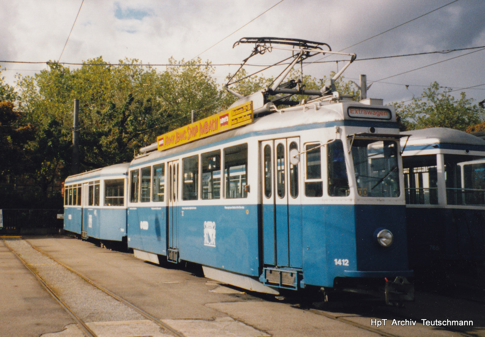 VBZ - Be 4/4 1412 mit Beiwagen B 750 als Extrawagen auf Reserve am 12.06.1994 .. Archiv Teutschmann