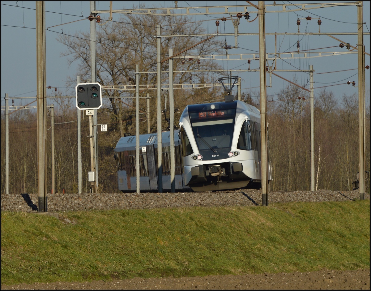 Verfangen zwischen Masten. Thurbo-GTW RABe 526 801-6 in der Kurve zur Thurbrücke bei Eschikofen. Februar 2014.