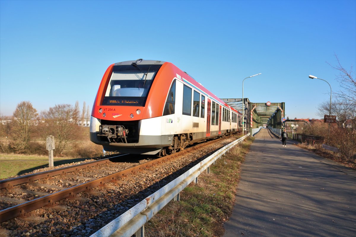 VIAS Odenwaldbahn Alstom Lint54 VT204 am 16.02.19 in Hanau Auheimer Mainbrücke 