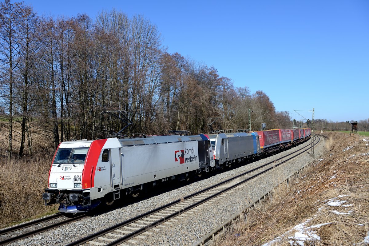 Vor dem Winner-Zug 43139 nach Verona waren 185 664 und eine Railpool 186 zu beobachten (Hohenaich, 16. März 2013).