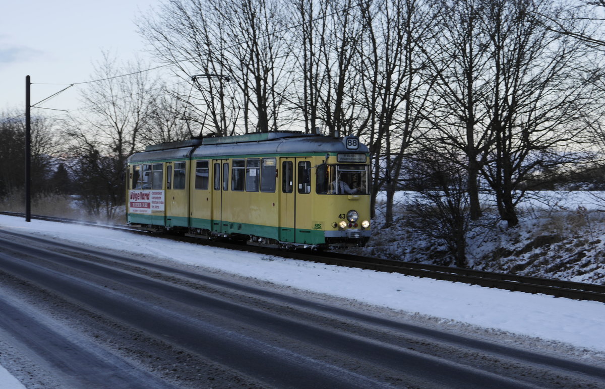 Wagen 43 auf dem letzten Abschnitt der Strecke vor der Endstelle Alt-Rüdersdorf. Das Gleis liegt hier in Seitenlage. Aufnahme vom 5.1.17.