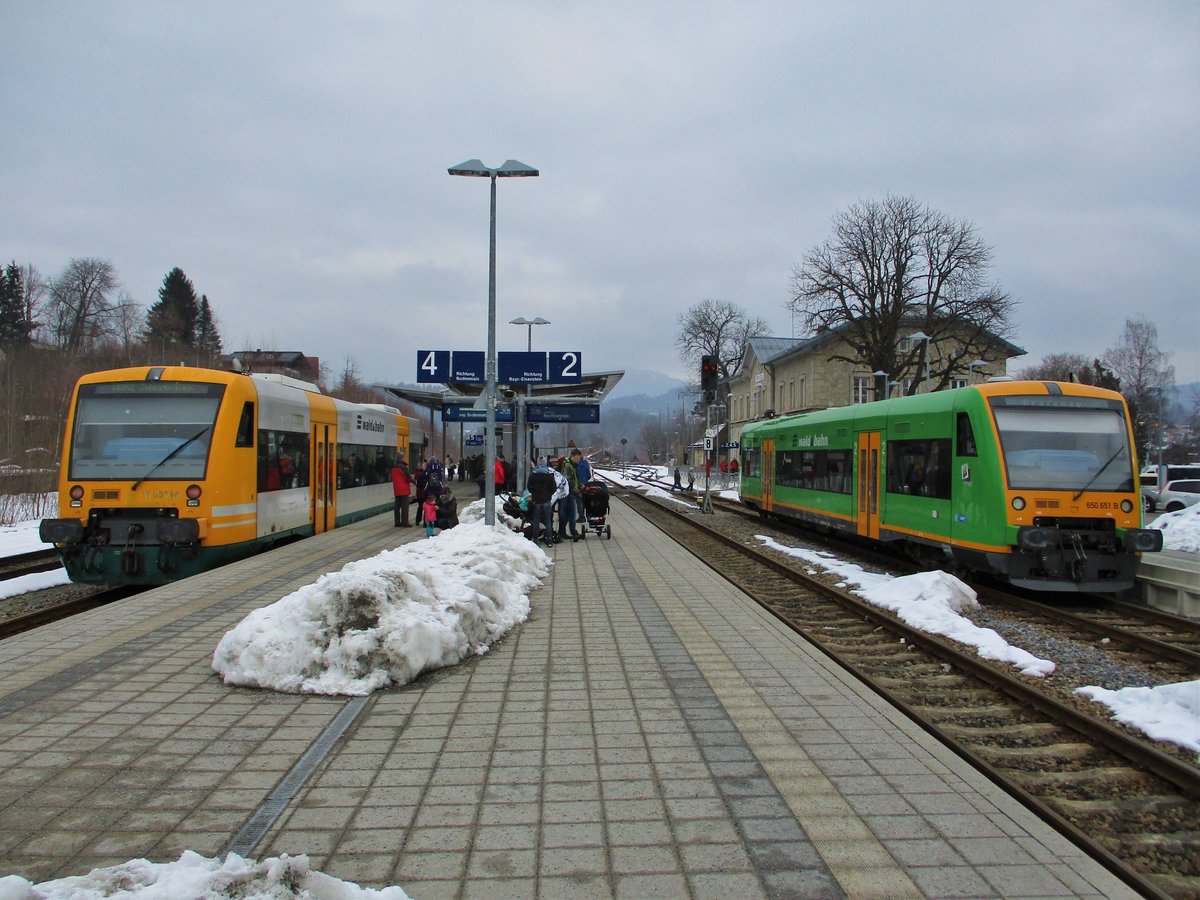 Waldbahn Stadler Regioshuttle VT650.66 und VT650 651 am 20.02.18 in Zwiesel. Das Foto ist von einen Freund und ich darf es Veröffentlichen