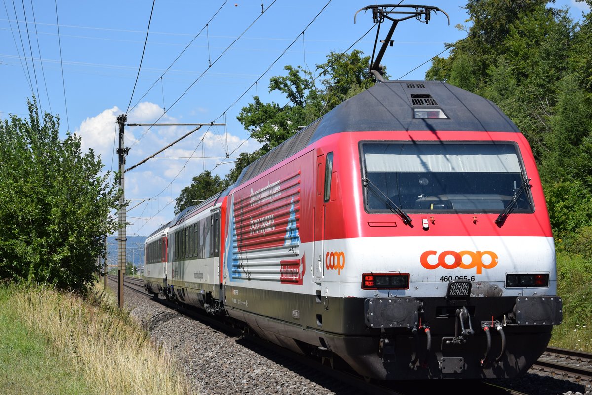 War es vor kurzem noch die Migros-460er (080-5), welche für den Messzug eingeteilt war, war es am 26.07.2018 die COOP Re 460 065-6, welche den Messzug bei Brunegg AG in Richtung Lupfig schob.