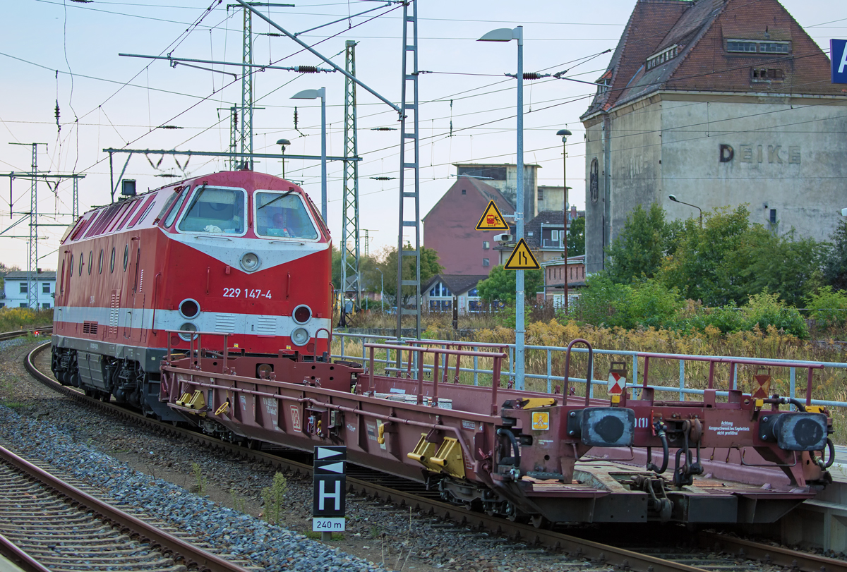 Wegen Blockabstand zum gerade ausgefahrenen RE 3 in Richtung Berlin hält der kurze Zug mit der Lok 229 147 und einem Sa-Wagen vor dem Ausfahrsignal am Bahnsteig 2 in Pasewalk. - 23.09.2016