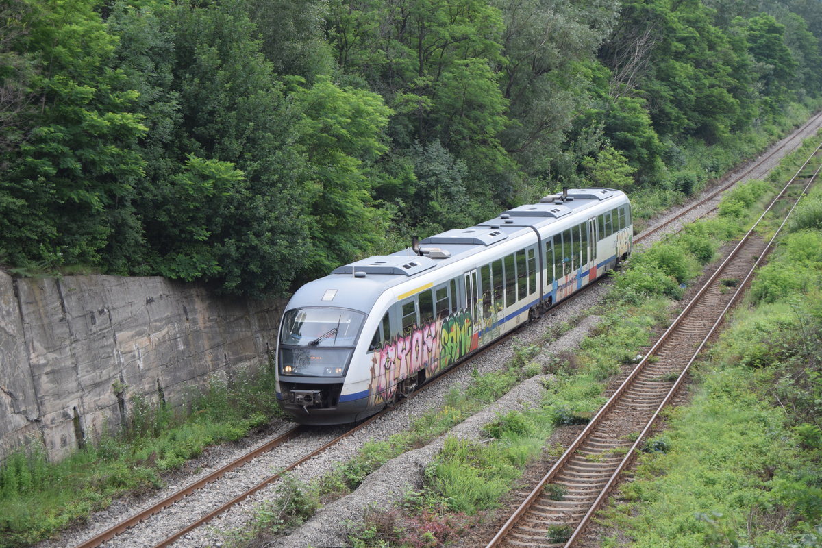 Wegen dem vielen Grafitti, kann man die Nummer dieses Siemens Desiro Trebzuges der Baureihe 96 nicht mehr erkennen. Foto vom 17.06.2016, bei Pausa.