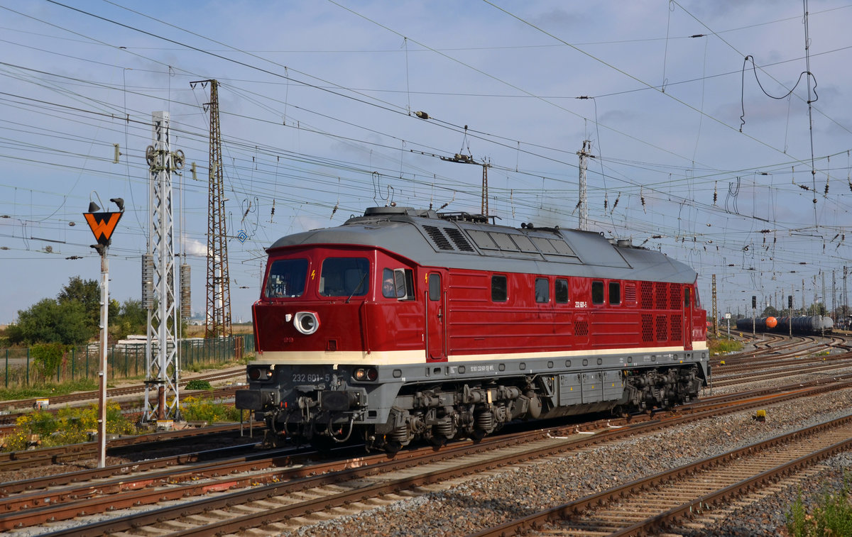 Wegen der Zugtrennung am Sonderzug der 18 201 musste auch die Schublok 232 601 der WFL eine Rangierfahrt vornehmen. Sie wurde zwischen den vorletzten und letzten Wagen gereiht um den Schadwagen trotzdem noch mitführen zu können. Fotografiert am 01.09.18.