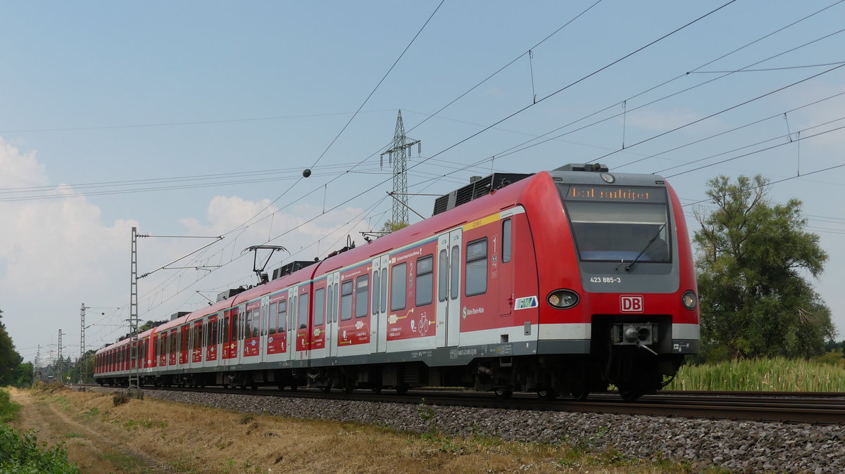 Wenige Tage vor dem Ende der Frankfurter Tunnelsperrung fanden Austauschfahrten von S-Bahn Fahrzeugen zwischen den einzelnen Betriebsstellen des Netzes statt. So konnte man auf der Main-Neckar Bahn, auf der die S-Bahnen eigentlich auf eigenen Gleisen verkehren, auch S-Bahnen auf der Fernbahn beobachten, wie hier 423 385  40 Jahre S-Bahn Rhein-Main  mit 423 375 am 4.8.2018 zwischen Darmstadt-Wixhausen und Darmstadt Arheilgen.