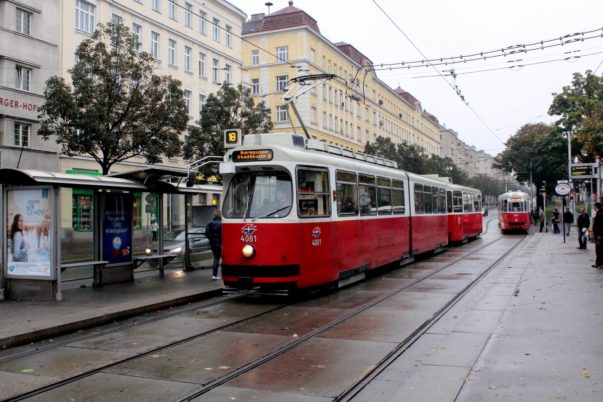 Wien Wiener Linien Sl 18 (E2 4081) Margaretengürtel (Hst. Margaretengürtel / Arbeitergasse) am 15. Oktober 2015.