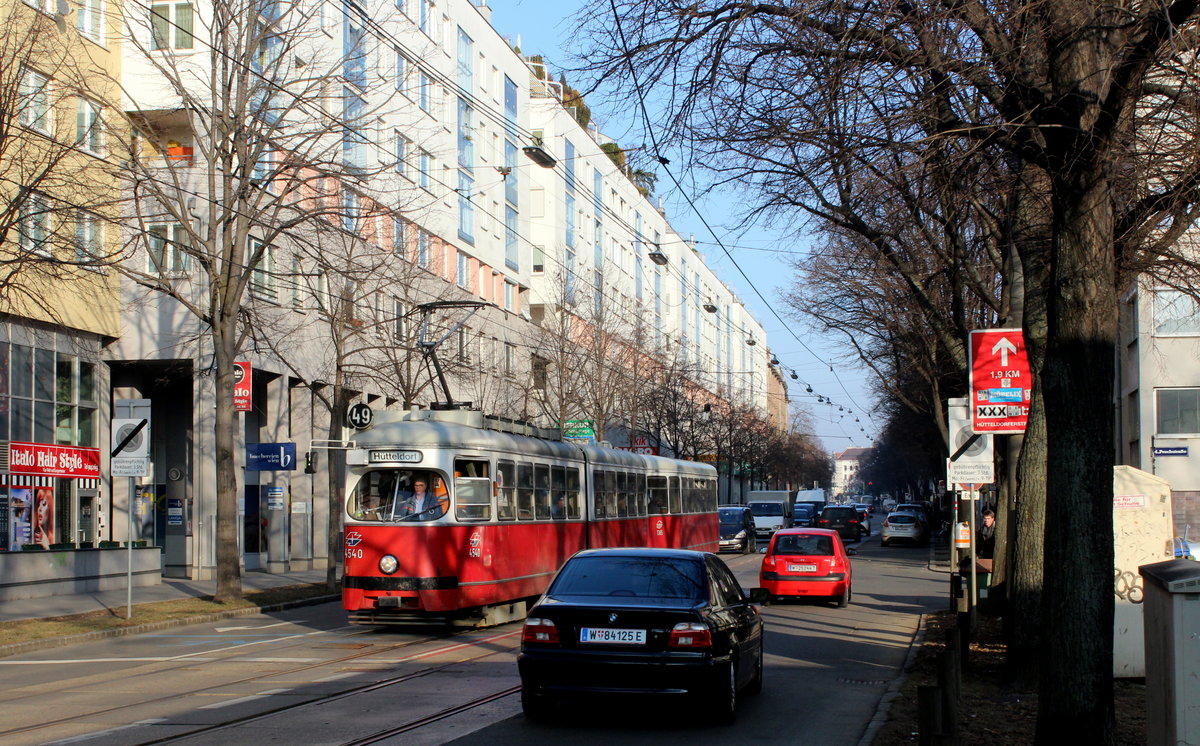 Wien Wiener Linien SL 49 (E1 4540 + c4 1365) XIV, Penzing, Breitensee, Hütteldorfer Straße / Prochstraße am 14. Februar 2017.