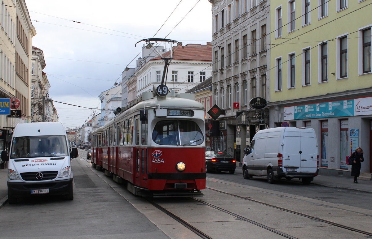 Wien Wiener Linien SL 49 (E1 4554 (Bombardier-Rotax 1976)) XV, Rudolfsheim-Fünfhaus, Rudolfsheim, Märzstraße / Preysinggasse am 12. Feber / Februar 2019.