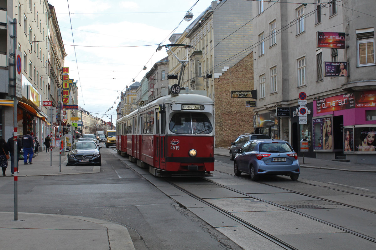 Wien Wiener Linien SL 49 (E1 4519 (Lohnerwerke 1973)) XIV, Penzing, Breitensee / XV, Rudolfsheim-Fünfhaus, Hütteldorfer Straße / Kuefsteingasse / Martin-Schönerer-Gasse / Flachgasse am 12. Feber / Februar 2019.