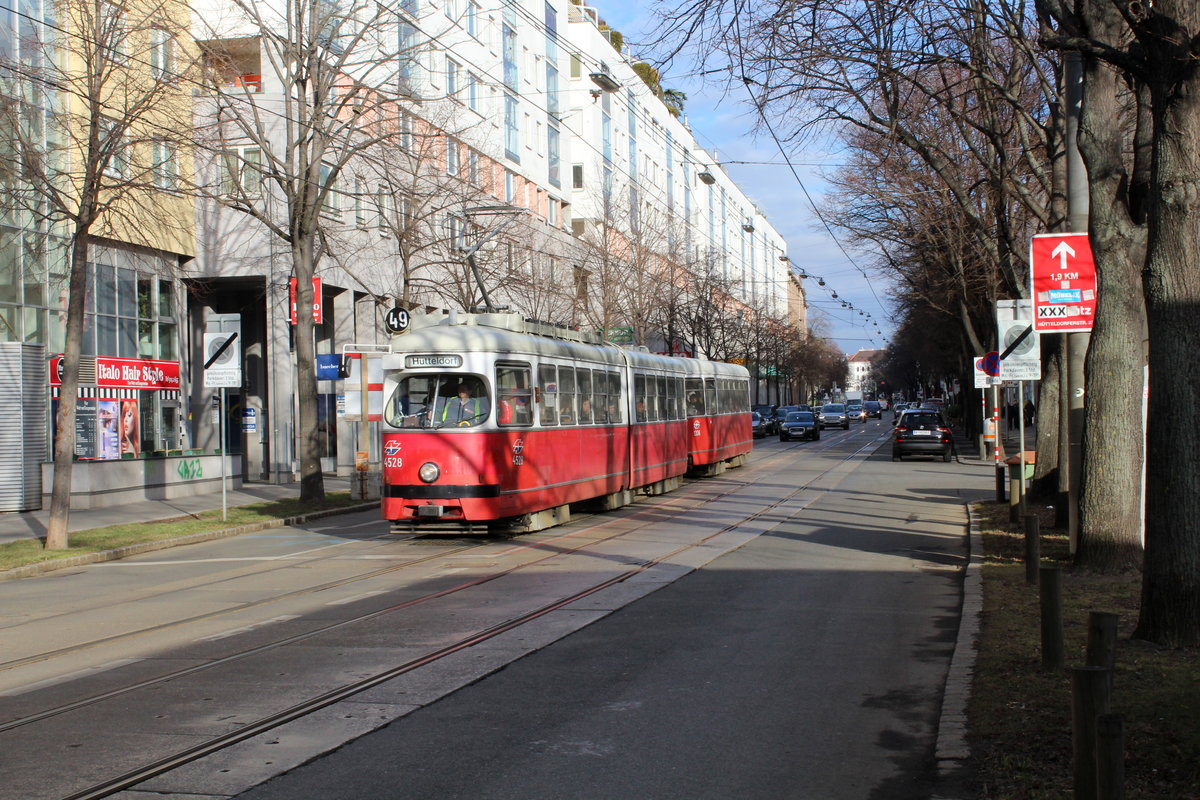 Wien Wiener Linien SL 49 (E1 4528 + c4 1336 (Bombardier-Rotax 1973 bzw. 1975)) XIV, Penzing, Breitensee / Penzing, Hütteldorfer Straße / Ameisbachzeile / Prochstraße am 13. Feber / Februar 2019.