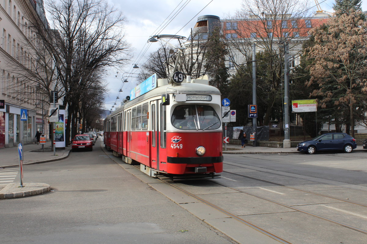 Wien Wiener Linien SL 49 (E1 4549 + c4 1359 (Bombardier-Rotax 1975 bzw. 1976)) XIV, Penzing, Breitensee, Hütteldorfer Straße / Matznergasse am 11. Feber / Februar 2019.