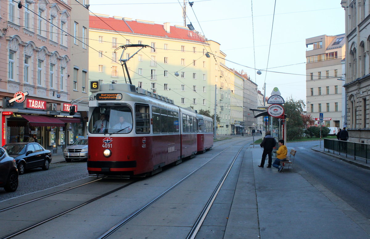 Wien Wiener Linien SL 6 (E2 4091 + c5 1491) X, Favoriten, Quellenstraße / Gellertplatz am 19. Oktober 2017. 