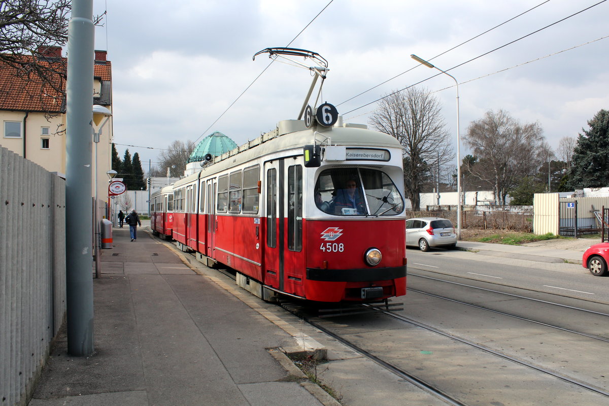 Wien Wiener Linien SL 6 (E1 4508 + c3 1227) Simmering, Pantucekgasse (Hst. Zentralfriedhof 4. Tor) am 22. März 2016.