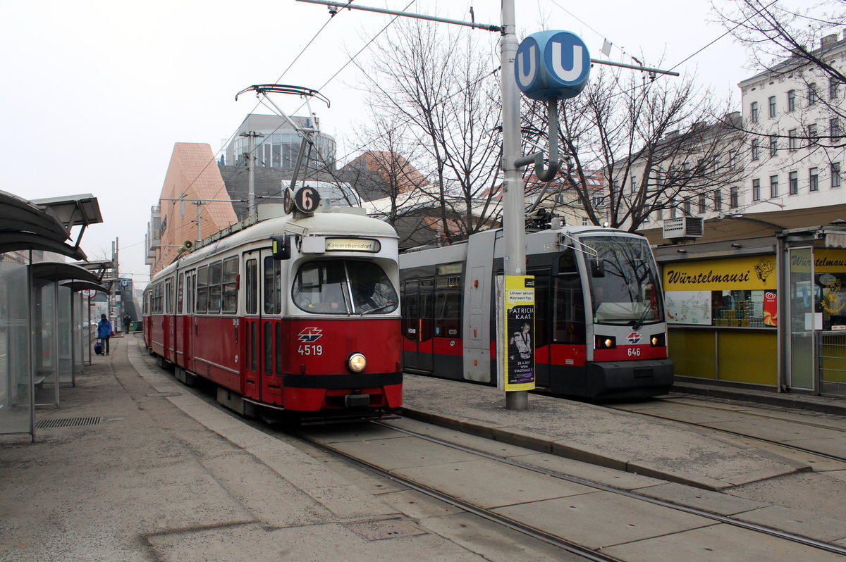 Wien Wiener Linien SL 6 (E1 4519 + c3 1222) / SL 18 (B 646) Neubaugürtel / Urban-Loritz-Platz (Endstation Stadthalle / Burggasse (Einstiegstelle)) am 17. Februar 2017.
