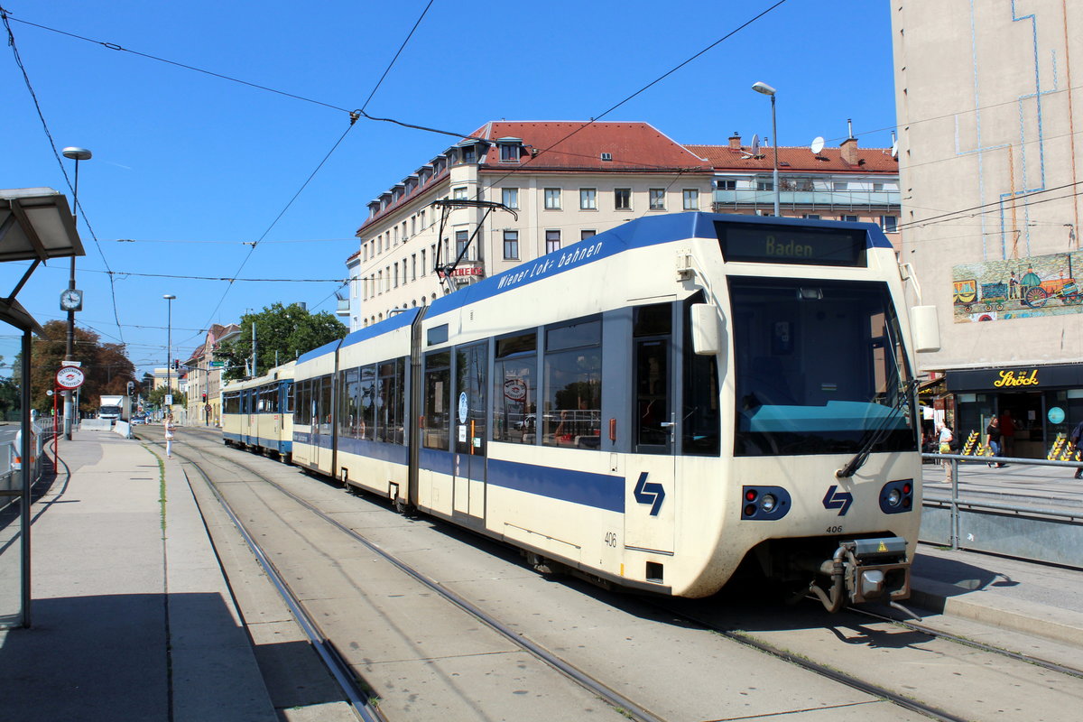 Wien Wiener Lokalbahnen (WLB) Tw 406 an der Hst. Bahnhof Meidling in der Eichenstraße (im 12. Bezirk Meidling). Datum: 25. Juli 2018.