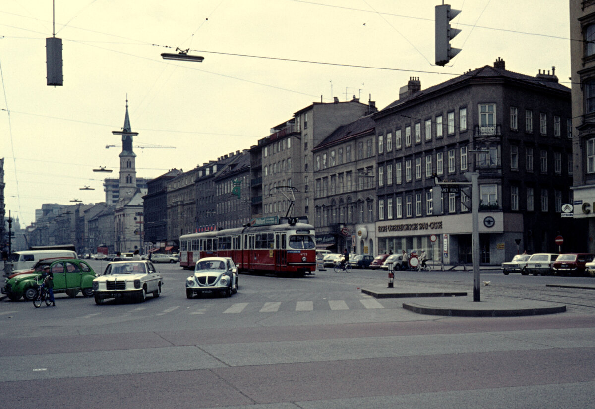Wien Wiener Stadtwerke-Verkehrsbetriebe (WVB) SL A (E1 4729 (SGP 1971)) II, Leopoldstadt, Praterstraße / Praterstern am 2. Mai 1976. - Scan eines Diapositivs. Kamera: Leica CL.