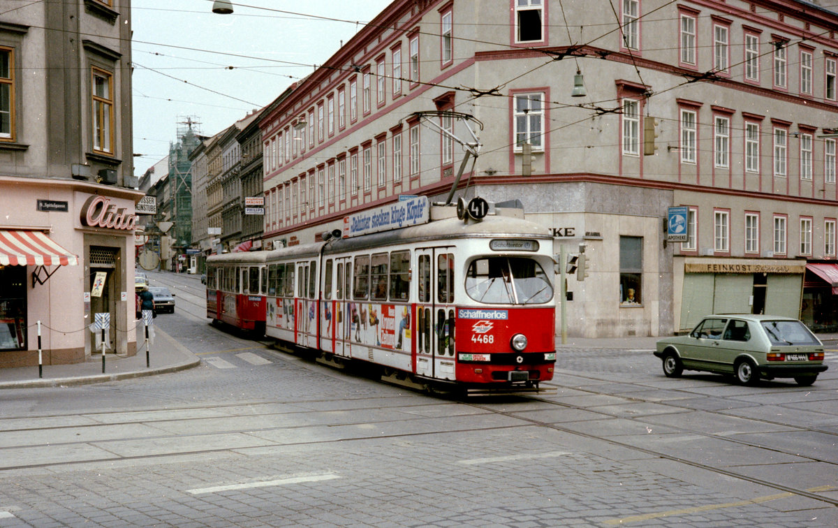 Wien WVB SL 41 (E1 4468 + c3 1242) IX, Alsergrund, Währinger Straße / Spitalgasse / Nußdorfer Straße im Juli 1982. - Scan von einem Farbnegativ. Film: Kodak Safety Film 5035. Kamera: Minolta SRT-101.