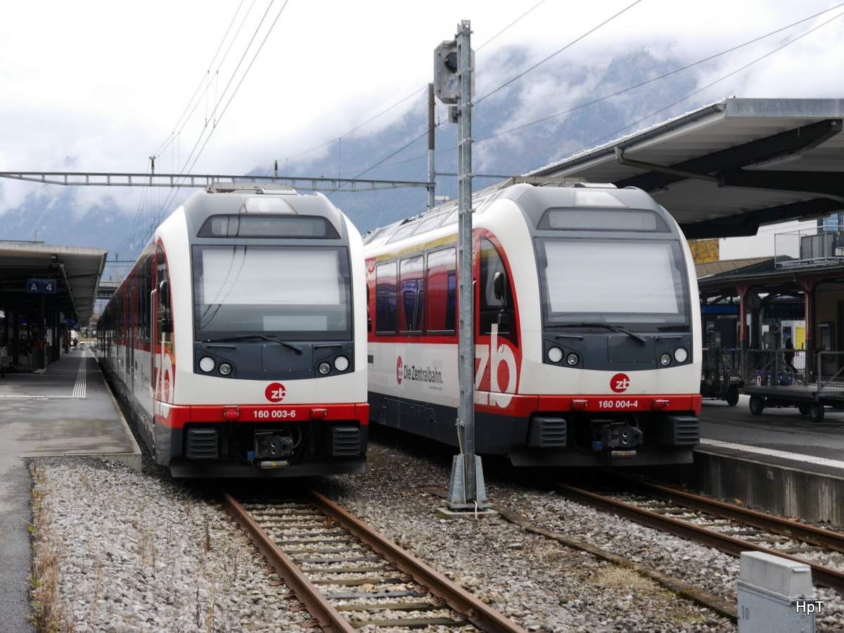 ZB - Triebwagen ABeh 160 003-6 und ABeh 160 004-4 abgestellt im Bahnhof Interlaken Ost am 30.10.2017