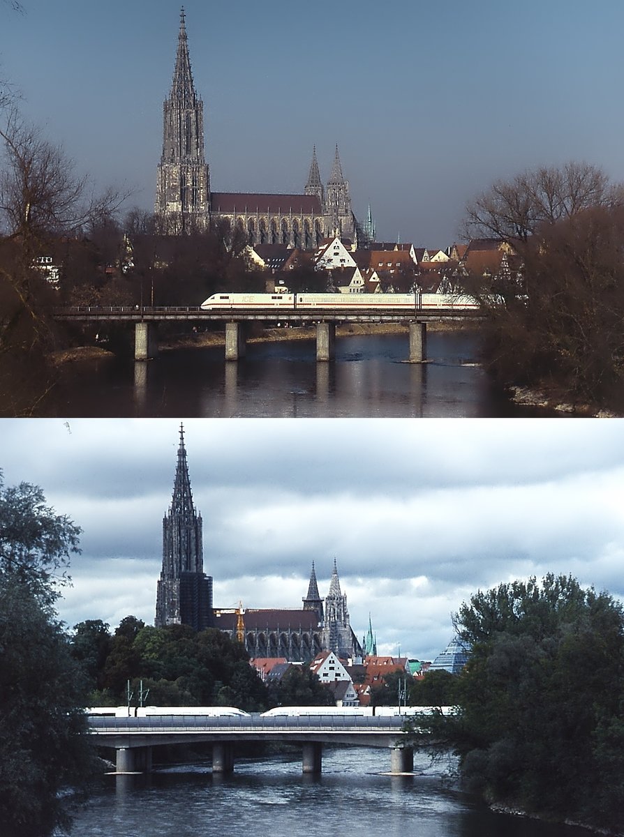 Zu den attraktivsten Fotomotiven für Eisenbahnfreunde in Ulm gehörte die Donaubrücke mit dem Ulmer Münster im Hintergrund. Seit dem Bau einer Schallschutzwand ist es damit vorbei. Auf dem oberen Bild überquert Ende der 1990er Jahre ein ICE 1 die Brücke, auf der unteren Aufnahme aus dem August 2010 ist ein ICE 3-Doppel erkennbar.